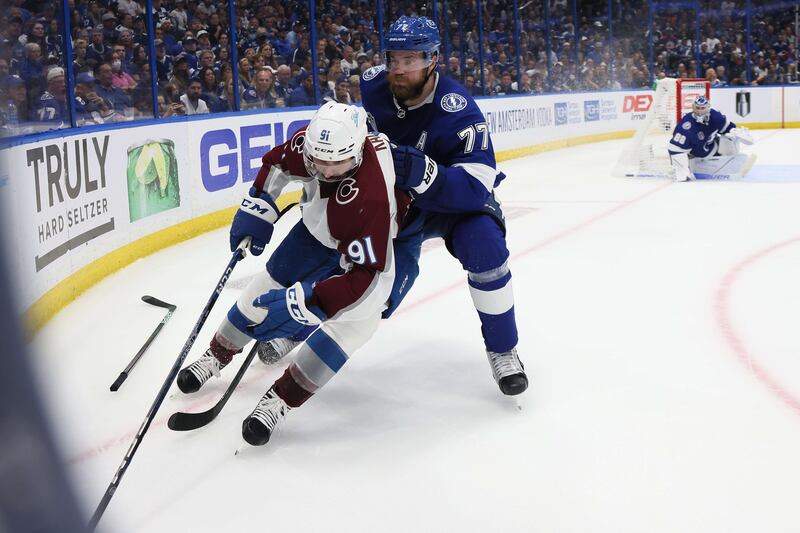 Kadri skates with the puck as Victor Hedman of the Tampa Bay Lightning defends in the second quarter of game six of the Stanley Cup Final. AFP
