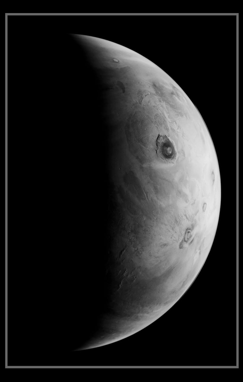 The Tharsis Montes region on Mars is visible in this photo. Hope Mars mission / Stuart Atkinson
