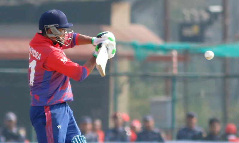 endra Malla of Nepal plays a shot during the ICC Cricket World Cup League 2 match between USA and Nepal at TU Cricket Stadium on 8 Feb 2020