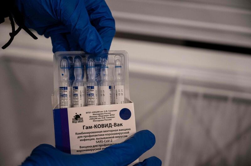 Vials with a dose of the Sputnik V vaccine against the Covid-19 coronavirus are seen during a vaccination day in Caracas, Venezuela. AFP