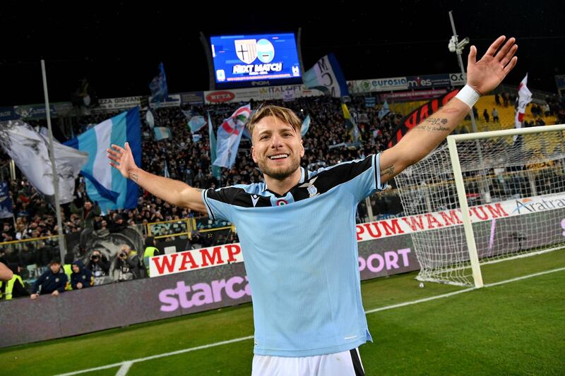 PARMA, ITALY - FEBRUARY 09: Ciro Immobile of SS Lazio celebrates a winner game after the Serie A match between Parma Calcio and  SS Lazio at Stadio Ennio Tardini on February 09, 2020 in Parma, Italy. (Photo by Marco Rosi/Getty Images)