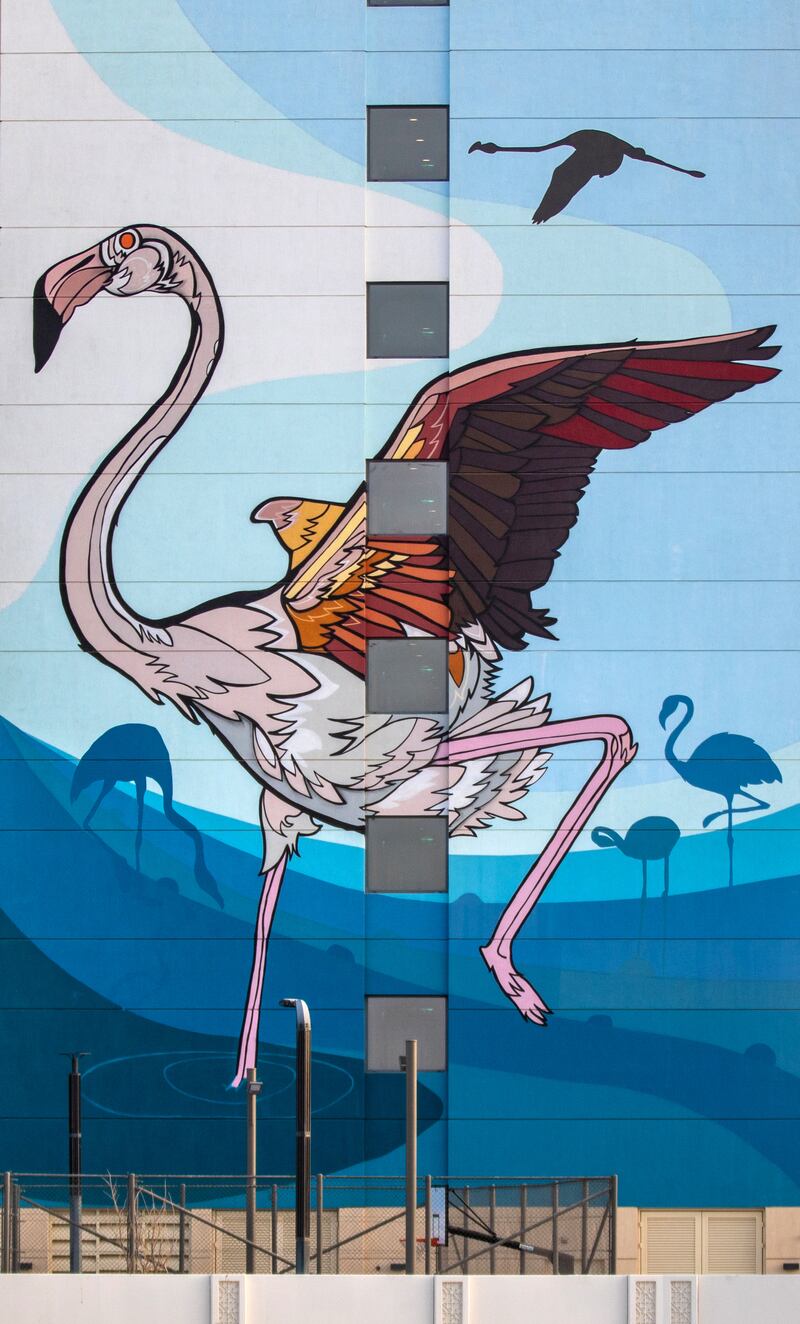 The greater flamingo, found in Al Wathba wetland reserve in Abu Dhabi, a regular breeding sites for the bird in the Gulf, also features in the mural.