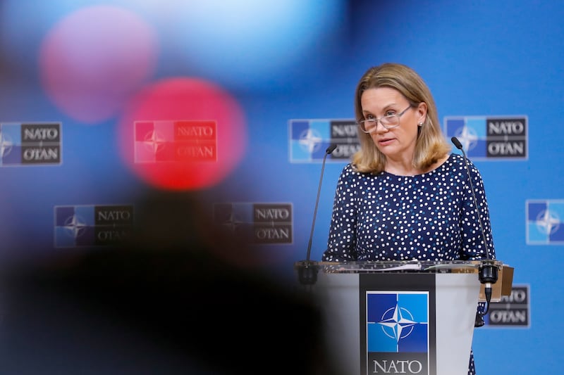 Julianne Smith, the US ambassador to Nato, attends a press conference at alliance headquarters in Brussels. EPA