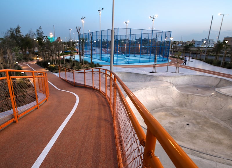 Al Masar Park is next to Masdar City in Khalifa City, Abu Dhabi. There is a multi-purpose sports playground with beach volleyball, badminton and basketball courts. All photos: Victor Besa / The National