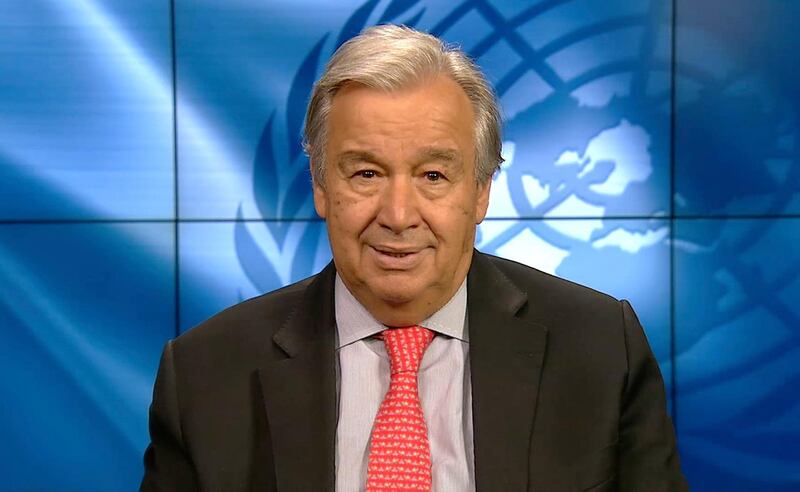 FILE In this photo taken from a pre-recorded video streamed online and provided by Ministry of Environment Government of Japan, U.N. Secretary General Antonio Guterres speaks during the Online Platform Ministerial Meeting Thursday, Sept. 3, 2020.  France and the U.N. will host a new conference next week about aid to Beirut after its devastating port explosion in August, amid political deadlock and a worsening economic crisis in Lebanon, the French presidency said Friday, Nov. 27. (Ministry of Environment Government of Japan via AP)