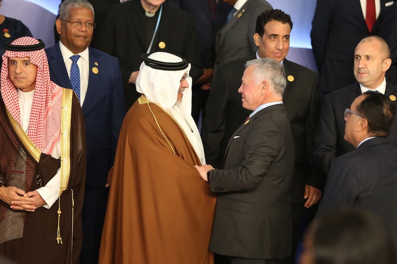 Bahrain's Crown Prince Salman bin Hamad greets King Abdullah II of Jordan during a photo session at Cop27.  Bloomberg