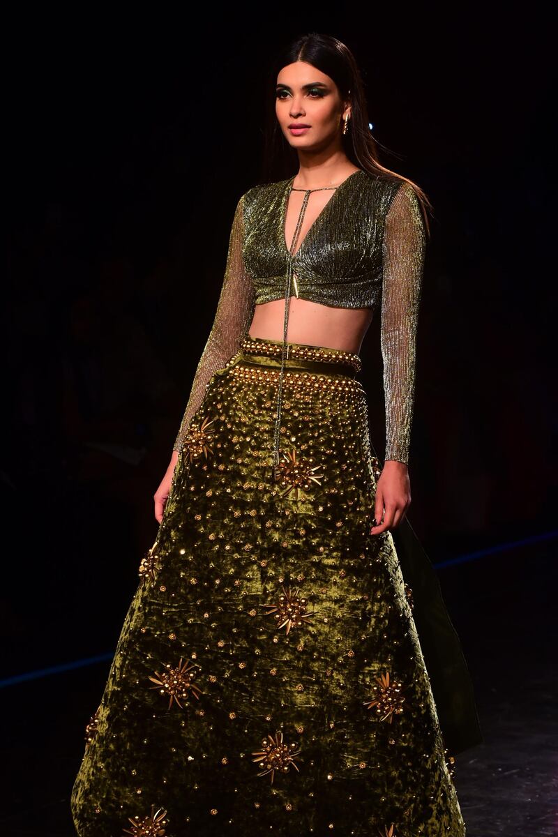 Diana Penty showcases a creation by designer Shivan and Naresh during Lakme Fashion Week in Mumbai on February 14, 2020. AFP