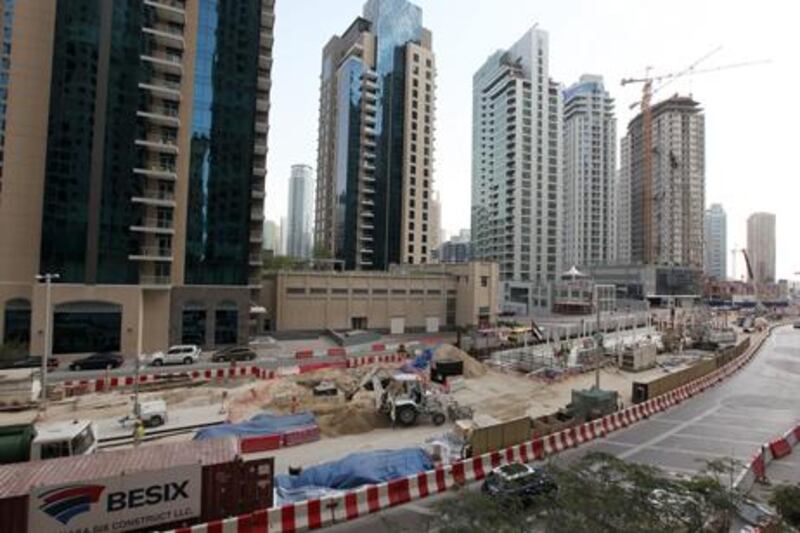 Construction work going on for the Dubai Tram project at Dubai Marina and JBR area in Dubai. Pawan Singh / The National