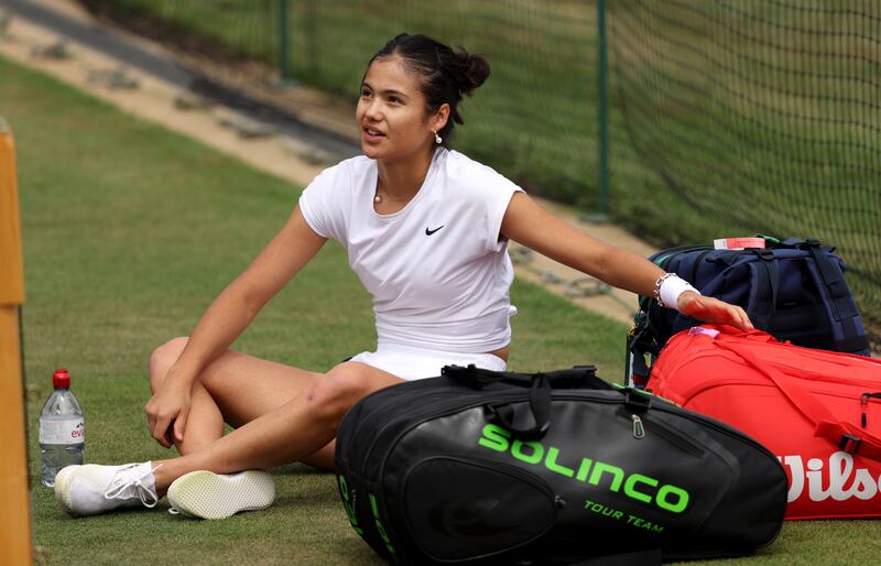 Emma Raducanu of Great Britain takes a break during training. Getty Images