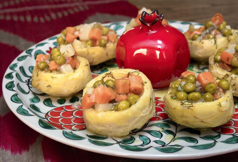 Abu Dhabi, United Arab Emirates, April 13, 2021.  Ramadan Recipes by Emel Moubarak.  Artichoke in olive oil (zeytinyagli enginar)
Victor Besa/The National
Section:  AC
Reporter:  Hanan Sayed Worrell