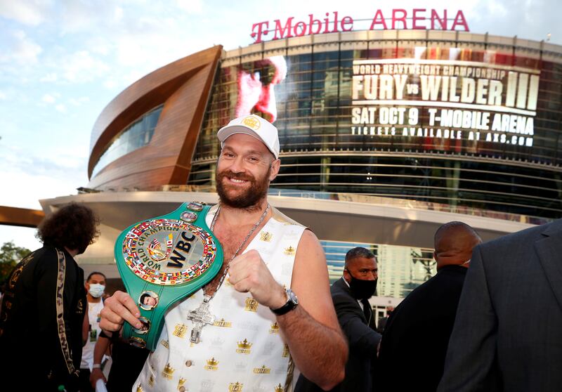 WBC heavyweight champion Tyson Fury  poses in front of T-Mobile Arena during his "Grand Arrival," one of the events leading up to the October 9 fight against Deontay Wilder in Las Vegas. Reuters