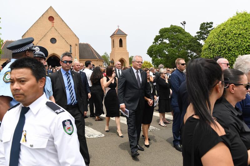 Australian Prime Minister Scott Morrison attends the funeral NSW RFS volunteer Andrew O'Dwyer at Our Lady of Victories Catholic Church in Horsley Park, Sydney.  EPA