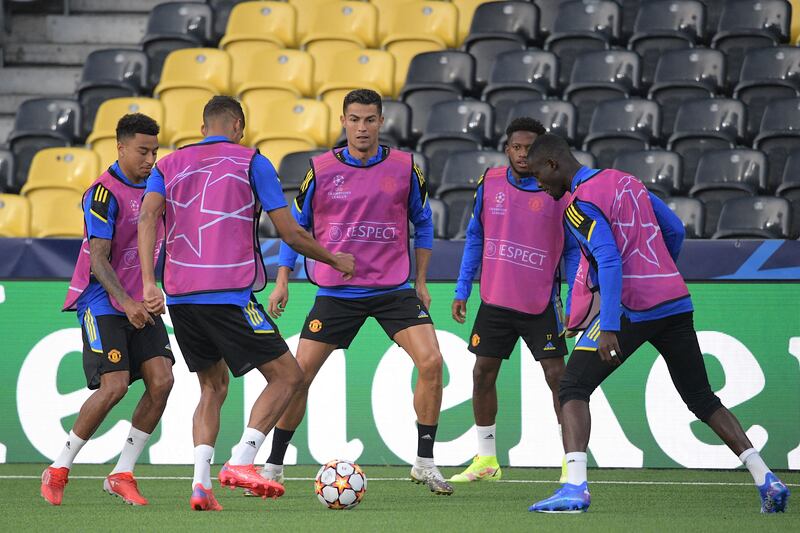 United’s Ronaldo, centre, during training. AFP