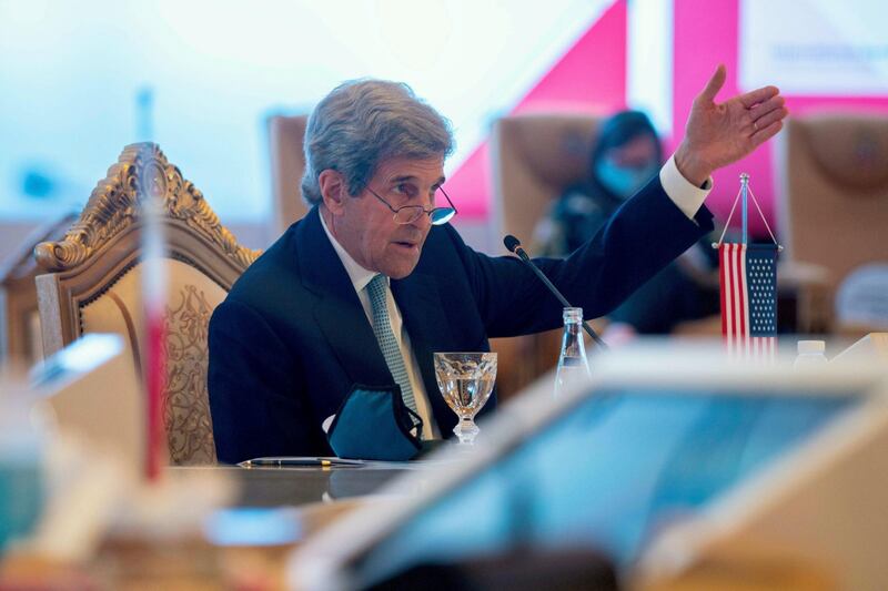 US climate envoy John Kerry attends the Regional Climate Dialogue in Abu Dhabi on Sunday. This is Mr Kerry's first visit to the Middle East, and Asia, since being appointed to the role. Courtesy: Office of the UAE Special Envoy for Climate Change