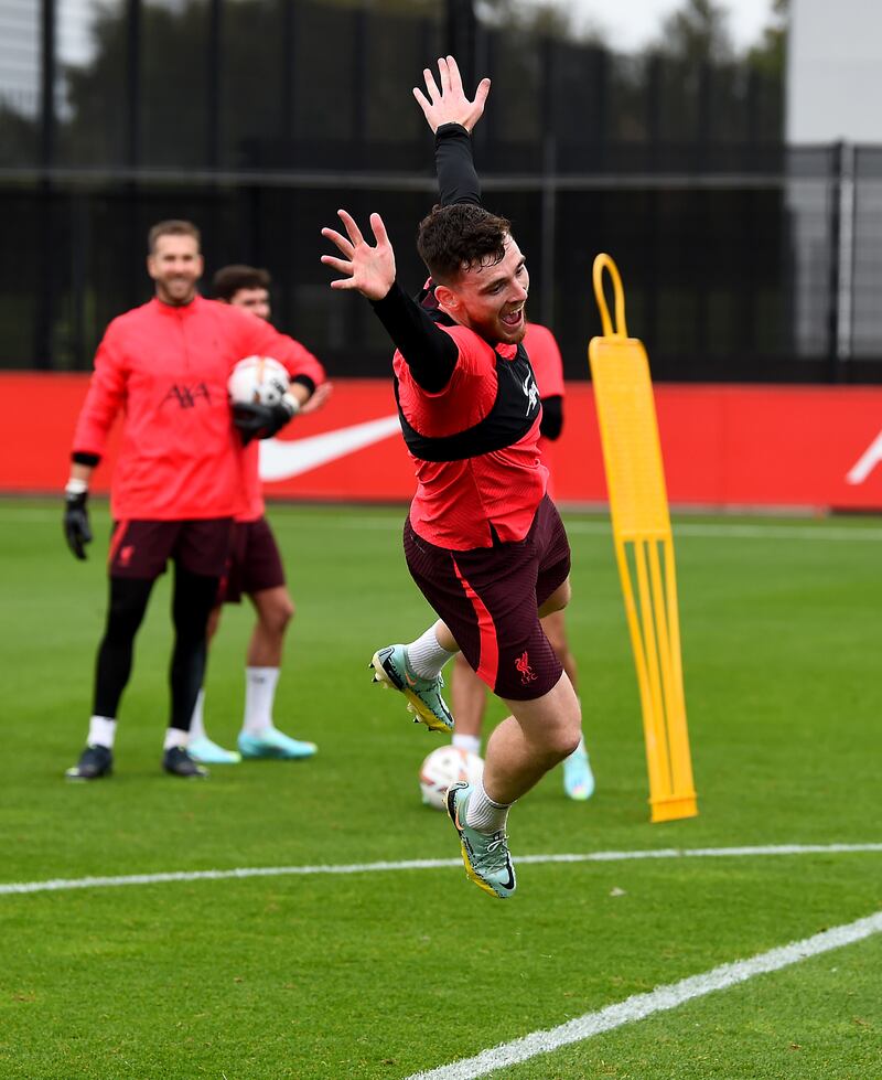 Andy Robertson of Liverpool during a training session at AXA Training Centre in Kirkby, England.