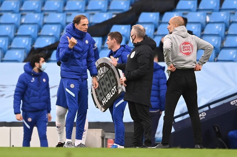 Chelsea manager Thomas Tuchel argues with the fourth official. EPA