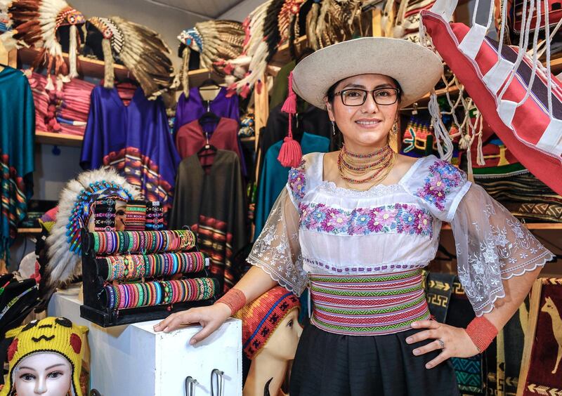 Abu Dhabi, United Arab Emirates, January 5, 2020.  
Photo essay of Global Village.
--  Ginna Florez, Ecuador, sells hand made garments from Ecuador.  She has been working at t he Americas Pavillion for two years now.
Victor Besa / The National
Section:  WK
Reporter:  Katy Gillett