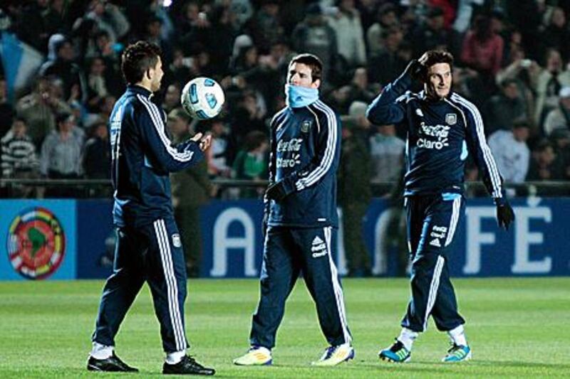 From Left to right: Sergio Aguero, Lionel Messi and Javier Zanetti train at the Brigadier Lopez stadium in Santa Fe. It is also known as the Elephants Graveyard for the considerable amount of upsets its clubside Club Atletico Colon have produced over the years.