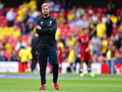 WATFORD, ENGLAND - AUGUST 12:  Jurgen Klopp, Manager of Liverpool looks on as his team warm up prior to the Premier League match between Watford and Liverpool at Vicarage Road on August 12, 2017 in Watford, England.  (Photo by Alex Broadway/Getty Images)