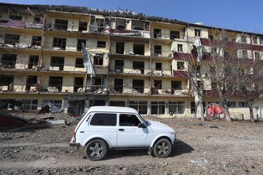 A damaged residential building in the town of Shusha in Nagorno-Karabakh on October 29, 2020, after Azerbaijani shelling. EPA