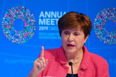 At a briefing during the IMF/World Bank 2019 Annual Fall Meetings IMF Managing Director Kristalina Georgieva called for a review of the world trading system to cope with technological disruption and uncertainty of climate change which impact global growth. AFP 