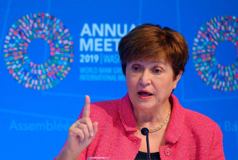 IMF Managing Director Kristalina Georgieva speaks at a news conference during the IMF/World Bank 2019 Annual Fall Meetings, in Washington, DC, on October 17, 2019. / AFP / Andrew CABALLERO-REYNOLDS
