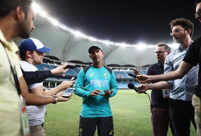 DUBAI, UNITED ARAB EMIRATES - OCTOBER 11: Justin Langer, coach of Australia,  speaks to the media after day five of the First Test match in the series between Australia and Pakistan at Dubai International Stadium on October 11, 2018 in Dubai, United Arab Emirates. (Photo by Ryan Pierse/Getty Images)