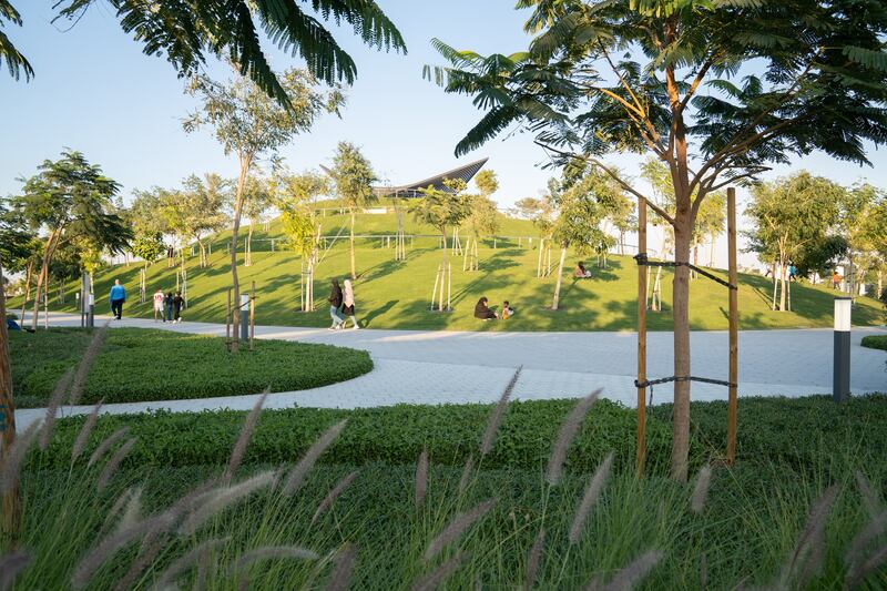 Nasma Central Park in the 5.2-hectare Nasma Residences community in Sharjah features hills plus local and regional flora. Photo: Arada

