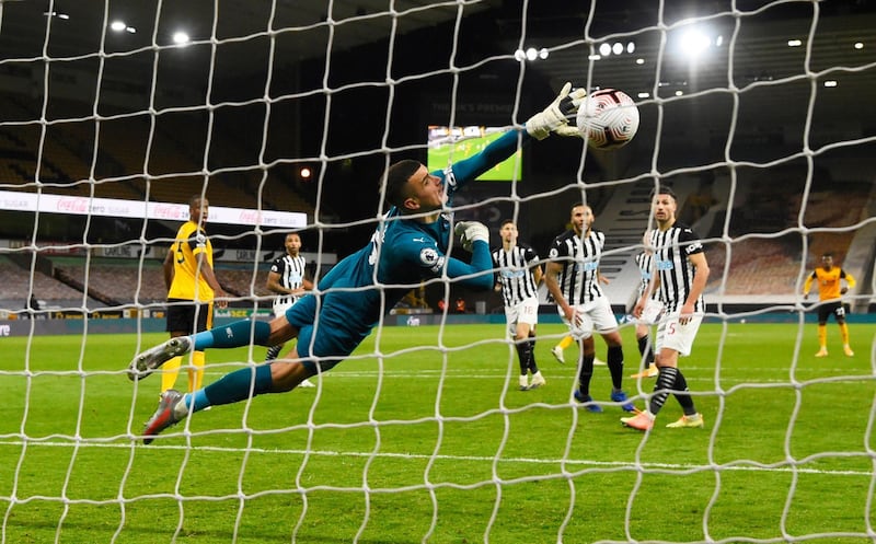 Newcastle United goalkeeper Karl Darlow is beaten by a shot from Raul Jiminez (not pictured) for Wolverhampton Wanderers during their Premier League draw at St. James' Park on Sunday, October 17. Reuters