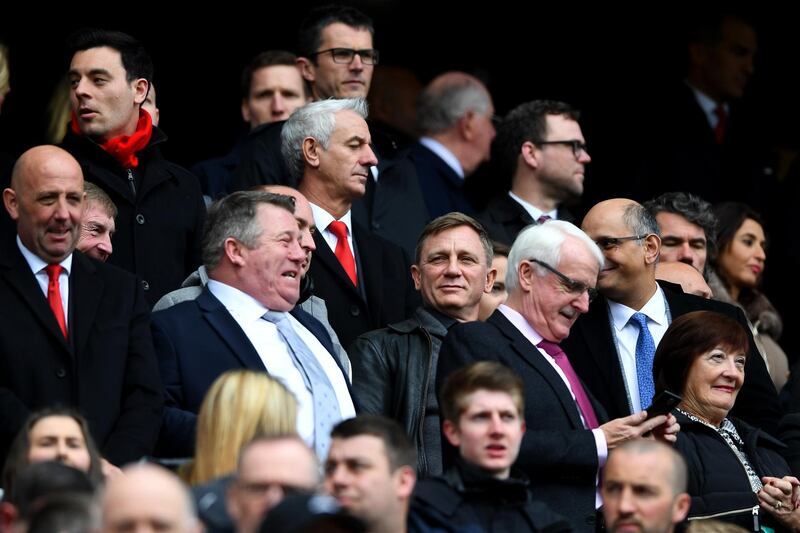 LIVERPOOL, ENGLAND - APRIL 01:  Daniel Craig, actor looks on from the stands during the Premier League match between Liverpool and Everton at Anfield on April 1, 2017 in Liverpool, England.  (Photo by Gareth Copley/Getty Images)