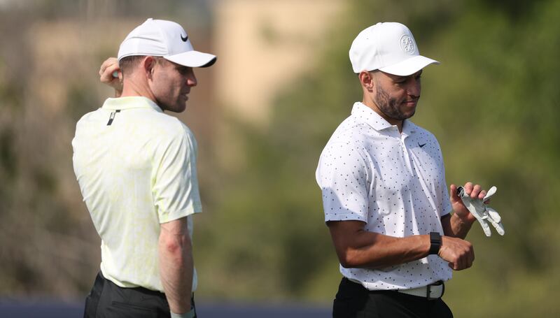 Liverpool's Alex Oxlade-Chamberlain and James Milner during the Slync.io Dubai Desert Classic pro am at Emirates Golf Club. Getty