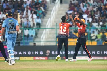 Mohammad Taimur took four wickets for Delhi Bulls to crush Chennai Braves by 31 runs in the Abu Dhabi T10 season-6 at Zayed Cricket Stadium on Friday, December 2, 2020. Photo: T10