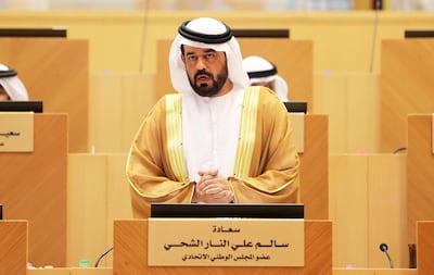ABU DHABI , UNITED ARAB EMIRATES ,  November 20 , 2018 :- Salem Al Shehhi, FNC member, RAK speaking during the Federal National Council session held at FNC office in Abu Dhabi. ( Pawan Singh / The National )  For News. Story by Haneen