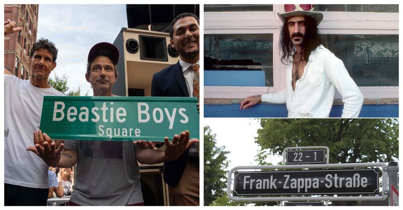 The Beastie Boys recently had a square named after them in New York, while Frank Zappa's cartographical namesake is in Berlin. AFP, Getty Images/ Wikimedia Commons