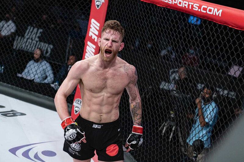 Austin Arnett reacts after defeating Daniel Vega in the UAE Warriors-18 in the catchweight 68 contest at the Jiu-Jitsu Arena on Saturday, March 20, 2021. Courtesy Palms Sports