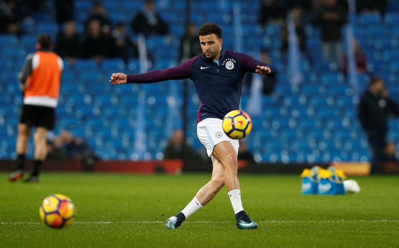 Soccer Football - Premier League - Manchester City vs Leicester City - Etihad Stadium, Manchester, Britain - February 10, 2018   Manchester City's Kyle Walker warms up before the match   REUTERS/Andrew Yates    EDITORIAL USE ONLY. No use with unauthorized audio, video, data, fixture lists, club/league logos or "live" services. Online in-match use limited to 75 images, no video emulation. No use in betting, games or single club/league/player publications.  Please contact your account representative for further details.