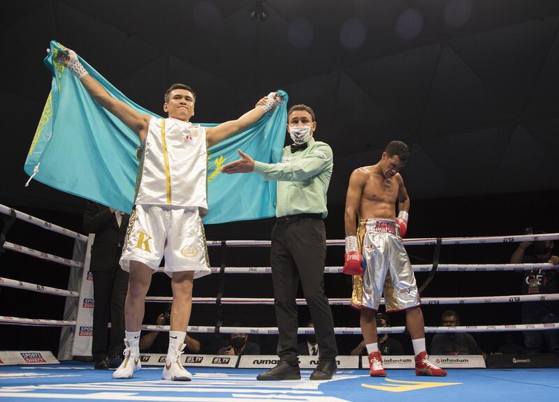 Dubai, United Arab Emirates -  Trusynbay Kulakhmet of Kazakhstan winning over Venezuelan boxer Heber Rendon at the Rotunda, Ceasar's Palace, Bluewaters Island, Dubai.  Leslie Pable for The National