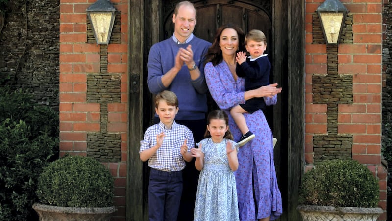 LONDON, ENGLAND - APRIL 23: In this screengrab, Prince William, Duke of Cambridge, Catherine Duchess of Cambridge, Prince George of Cambridge, Princess Charlotte of Cambridge and Prince Louis of Cambridge clap for NHS carers as part of the BBC Children In Need and Comic Relief 'Big Night In at London on April 23, 2020 in London, England.The 'Big Night In' brings the nation an evening of unforgettable entertainment in a way we've never seen before. Raising money for and paying tribute to those on the front line fighting Covid-19 and all the unsung heroes supporting their communities. (Photo by Comic Relief/BBC Children in Need/Comic Relief via Getty Images)