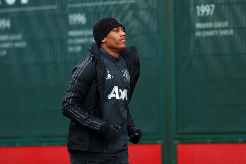 Anthony Martial during a training session ahead of their Europa League match against Club Brugge, at the Aon Training Complex on Wednesday. Getty Images