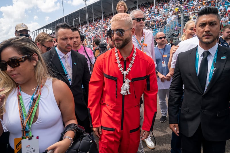 Colombian singer Maluma on the grid before the Formula One Grand Prix of Miami. EPA