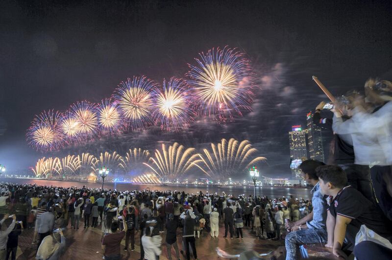 Abu Dhabi, United Arab Emirates - Fireworks display at Abu Dhabi Corniche, Breakwater.  Leslie Pableo for The National