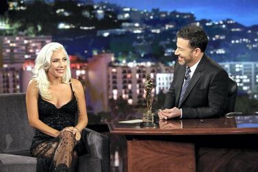 Lady Gaga on 'Jimmy Kimmel Live!' with her Oscar. Getty Images 