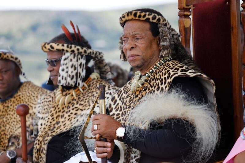Zulu King Goodwill Zwelithini watches a re-enactment of the Battle of Isandluana in Dundee, South Africa, on January 25, 2019. EPA