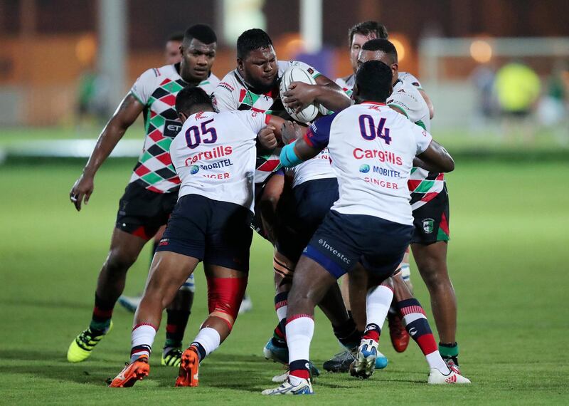 Abu Dhabi, United Arab Emirates - September 07, 2018: Quins' Muneeb Gallant competes in the game between Abu Dhabi Harlequins v Kandy in the Western Clubs Champions League. Friday, September 7th, 2018 at Zayed Sports City, Abu Dhabi. Chris Whiteoak / The National
