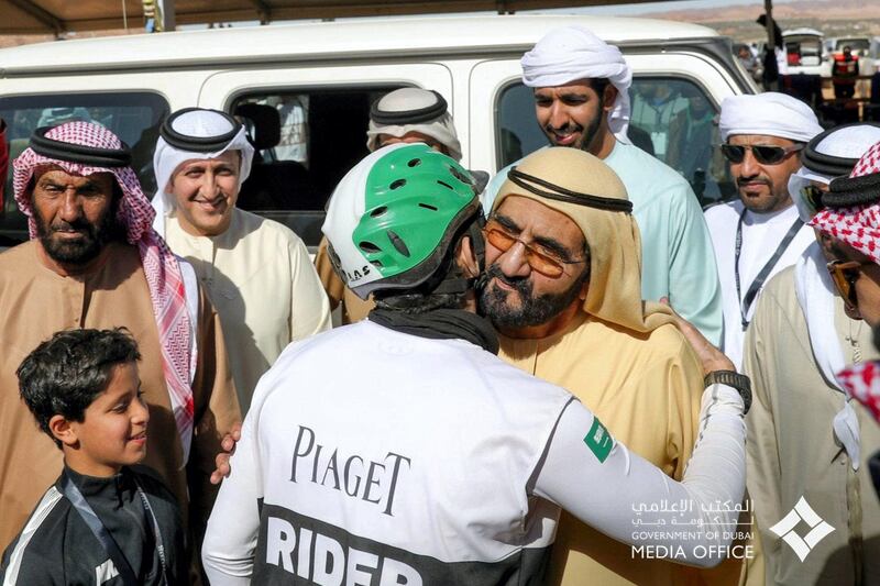 Sheikh Hamdan bin Mohammed, Crown Prince of Dubai, is greeted by his father, Sheikh Mohammed bin Rashid, Vice President and Ruler of Dubai. Courtesy: Dubai media Office