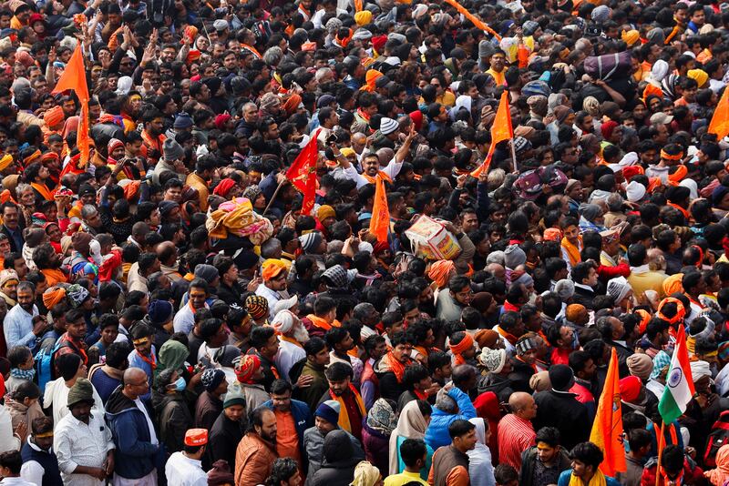 A huge crowd gathers outside Ram Temple, constructed on the site of a razed mosque. Reuters