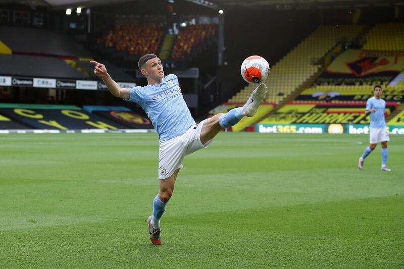 Phil Foden of Manchester City in action at Vicarage Road. Getty