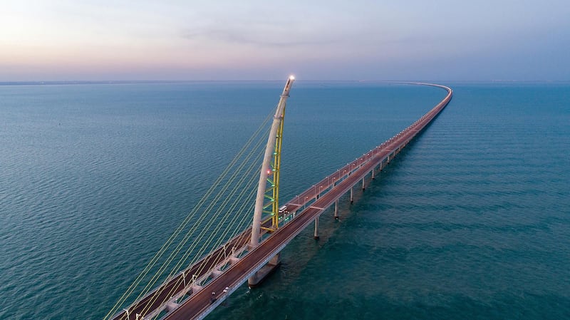 Aerial view of the arch pylon on the Sheikh Jaber al-Ahmad Al-Sabah Causeway which will lead to the Future Silk City, in Kuwait Bay, Kuwait. Reuters