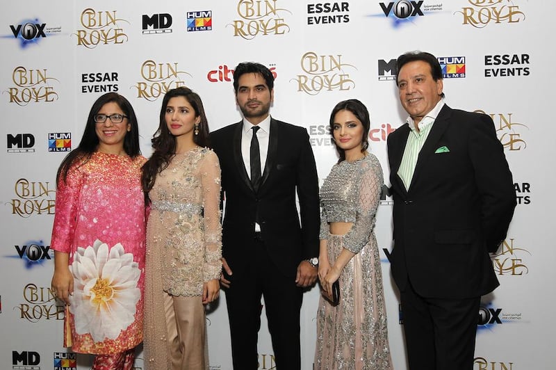 The stars of the Pakistani romance Bin Roye pose during the film’s Dubai premiere at Vox Cinemas on July 15. From left: Producer/director Momina Duraid with actors Mahira Khan, Humayun Saeed, Armeena Rana Khan and Javed Sheikh. Jeffrey E Biteng / The National