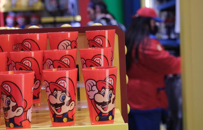 Mario merchandise is displayed in a store